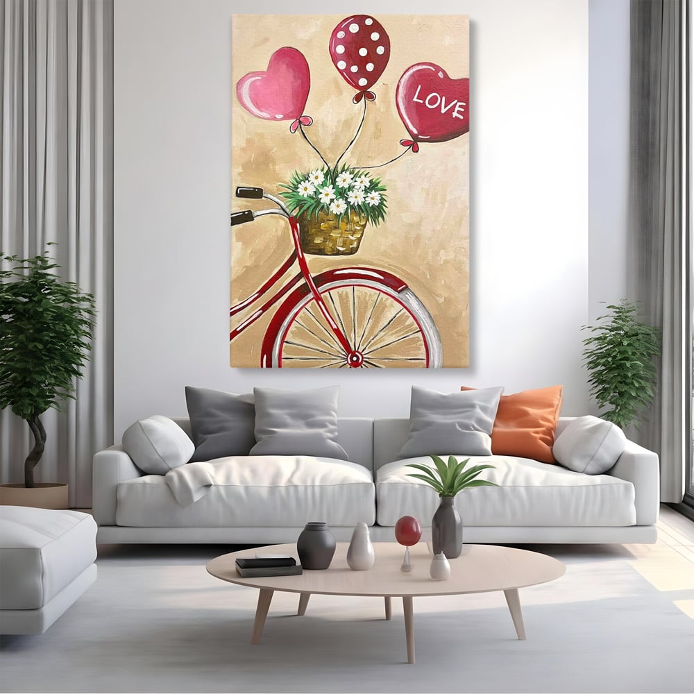 Tablou canvas cu pictura cu bicicleta vintage si baloane, fara rama, pe sasiu de lemn, pe perete intr-un living